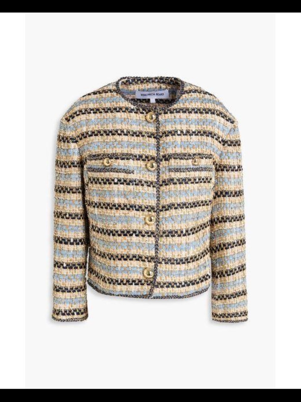 Veronica Beard Beige and Light Blue Striped Tweed Cropped Jacket